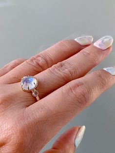 Celeste moonstone ring, Round Rosecut Moonstone Ring with diamond side stones, 3 stone ring Rosecut Diamond Ring, Effortless Beauty, 3 Stone Rings, Rose Gold Diamond Ring, White Gold Diamond Rings, Gold Choker, Moonstone Ring, Multi Stone Ring, Rose Cut Diamond