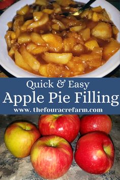 an apple pie filling recipe with apples in the background