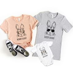 This is for a single shirt purchase. To order multiple please add each shirt to your cart individually and then checkout all together for combined or free (for orders over $35) shipping. These adorable bunny designs are printed (not vinyl) with care in a home based studio onto the shirt of your choice. They are personalized with the saying of your choice. Some ideas may be mommy bunny, brother bunny, big brother, mini bunny, baby bunny or you can choose to leave it blank. Just leave the phrase y Casual Unisex T-shirt For Family, Family Matching Character Print Cotton Tops, Family Matching Cotton Tops With Character Print, Casual Family T-shirt With Cartoon Print, Casual Cartoon Print T-shirt For Family, Casual T-shirt With Cartoon Print For Family, Family Cotton T-shirt With Cartoon Print, Family Cartoon Print Cotton T-shirt, Fun Character Print Tops For Family Events