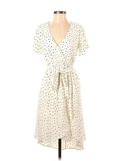 Sienna Sky Casual Dress Size: X-Small Ivory Dresses - used. 100% POLYESTER, Wrap, V Neck, Polka Dots, Knee Length, Short Sleeve | Sienna Sky Casual Dress - Wrap: Ivory Polka Dots Dresses - Used - Size X-Small Polka Dot Spring Midi Dress, Spring Polka Dot Midi Dress, Polka Dot Midi Dress For Spring, Polka Dot Knee-length Midi Dress For Spring, Polka Dot Fitted Dress For Day Out, White Casual Dress With Surplice Neckline, Fitted Polka Dot Dress For Day Out, White Surplice Neckline Dress For Day Out, White Dress With Surplice Neckline For Day Out