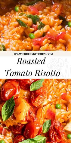 roasted tomato risotto with basil leaves and tomatoes