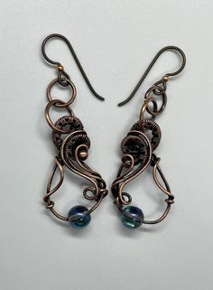 Hypoallergenic Swirling Copper and Blue Electroplated Quartz Earrings with Niobium Ear Wires. Niobium, which is naturally hypoallergenic, making this ear wire especially suited for customers with metal sensitivities. Approximately 2" long from the top of the ear wire and 5/8" wide. Based on a Kelly Jones Design. These Earrings have been antiqued, polished and sealed. Sealed with Protectaclear. ProtectaClear is a clear, protective coating that is tough enough to protect jewelry and is safe for we Kelly Jones, Copper And Blue, The Ear, Quartz Earrings, Ear Wire, Ear Wires, Copper, Blue, Design