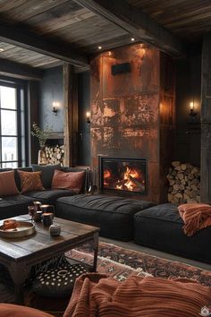 a living room filled with furniture and a fire place