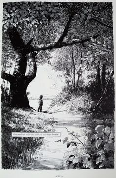 a black and white drawing of a person walking down a path in the woods near a tree