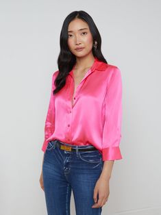 Shocking Pink Outfit, Transitional Pink Silk Blouse, Hot Pink Shirt Outfit, Chic Pink Silk Shirt, Pink Unstitched Slub Silk Blouse Piece, Pink Fitted Button-up Blouse, Pink Silk Button-up Blouse, Three Quarter Sleeve Shirt, Corporate Attire