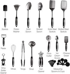 the kitchen utensils are labeled in several different styles and sizes to choose from