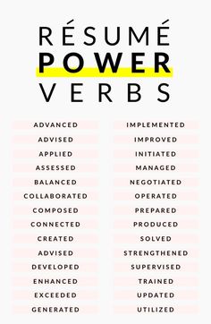 the words resume power verbbs are shown in black and yellow on a white background