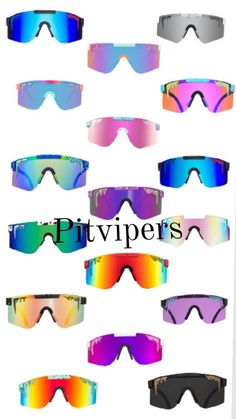 multiple pairs of sunglasses with different colors and sizes on the lens, all in different styles