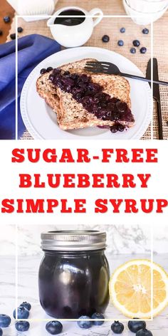 blueberry jam is on a white plate next to a jar of jam and orange slices