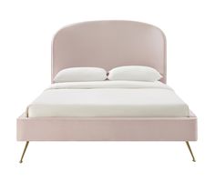 a pink bed with white sheets and pillows on it's headboard, in front of a white background