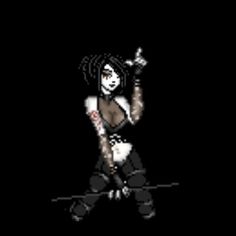 an animated image of a woman in black and white holding a baseball bat with her right hand