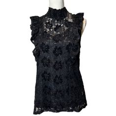 Nwt Cable & Gauge Sleeveless Black Velvet And Lace Top Front And Shoulder Ruffle Mock Neck. Fully Lined Tank. Romantic And Sexy! See Photos For Details And Measurements. Cute Double Button Back Neck. Date Night, Vacation, Feminine, Black Lace, Black Velvet, A0007 Elegant Tank Vest For Party, Sleeveless Lace Tank Top With Ruffles, Chic Sleeveless Lace Tank Top, Lace Party Vest Tank Top, Lace Party Tank Top, Fitted Sleeveless Lace Tank Top, Fitted Sleeveless Lace Top For Night Out, Sleeveless Lace Top For Party, Fitted Lace Top Tank For Evening