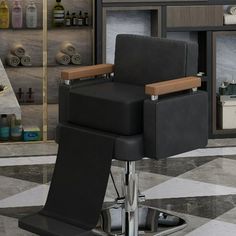 a barber chair in front of a tiled floor