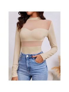 BZB Womens Mock Neck Long Sleeve Top Sexy Mesh Sheer See Through Fitted Going Out Shirt Khaki Sexy    Plain    Women Clothing, size features are:Bust: ,Length: ,Sleeve Length: Mock Neck Long Sleeve, Long Sleeve Top, All Fashion, Women Clothing, Mock Neck, Womens Tees, Length Sleeve, Going Out, Long Sleeve Tops