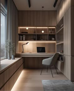 a modern home office with built - in shelving and lighting