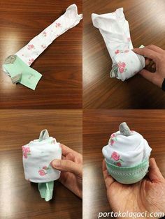 four pictures showing how to make an adorable cupcake with flowers on it, including the top and bottom