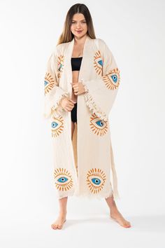 Handmade Evil Eye Boho Festival Kimono Boho Beachwear - Etsy Boho Beachwear, Festival Kimono, Kimono Boho, Handmade Evil Eye, Bohemian Kimono, Western Dress, Cover Beachwear, Boho Kimono, Womens Robes