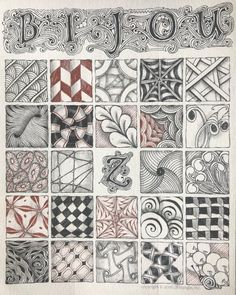 a drawing with many different designs on it and the words blob written in black ink