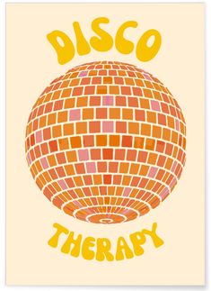 an orange disco ball with the words disco therapy written on it's back side