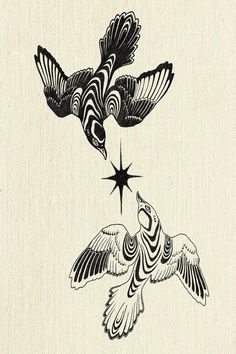 two birds flying next to each other on top of a white sheet with black ink