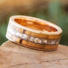 Olive Wood and Pearl Ring Pearl Wedding Band, Pearl Wedding Bands, Wood Wedding Band, Rose Gold Wedding Bands, Wood Wedding, 14k Rose Gold Ring, Wedding In The Woods, Wood Rings, Pearl Wedding