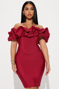 Belinda Bandage Mini Dress - Red Red Stretch Off-shoulder Bodycon Dress, Red Off-shoulder Ruched Dress, Red Ruched Off-shoulder Dress, Red Stretch Bandage Dress, Burgundy Fitted Dress For Date Night, Red Bandage Dress For Date Night, Fitted Ruffled Dress For Club, Fitted Red Mini Dress, Solid Color Fitted Off-shoulder Dress