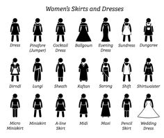 different types of women's shirts and dresses in black and white, with the names