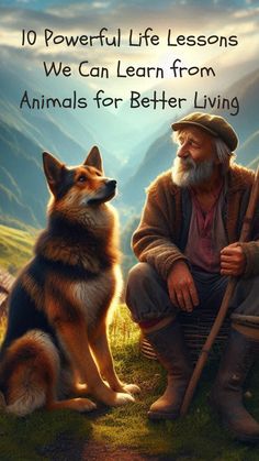 an old man sitting next to a dog on top of a grass covered field with mountains in the background