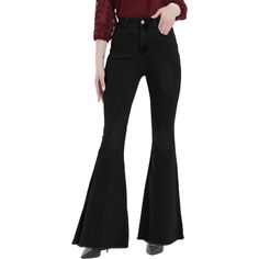 Elevate your denim game with these Women's Distressed Flared Jeans Pants. Made from stretchy denim for comfort and breathability, these jeans feature distressed details, a mid waist, and a trendy bell bottom flare. Edgy Flare Jeans For Fall, Edgy Non-stretch Mid-rise Jeans, Black Stretch Denim Flare Jeans, Black Flare Jeans With Frayed Hem, Edgy Flared Denim Bottoms, Edgy Stretch Jeans With Frayed Hem, Black Flare Denim Pants, Edgy Stretch Mid-rise Flare Jeans, Black Mid-rise Distressed Flare Jeans