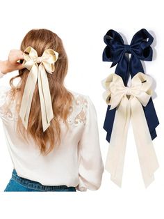 Beige Navy Blue Cute Collar  Polyester Plain Small Hair Claw Embellished   Women Accessories Hair Bows For Women, Hair Clip Black, Ribbon Accessories, Beige Hair, Handmade Hair Bows, Hair Accessories Clips, Hair Ribbon, Ribbon Hair Bows