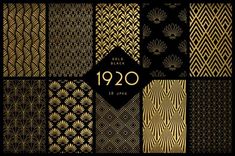 gold art deco wallpapers from 1920's to 1950's, with the words 1920's written on them