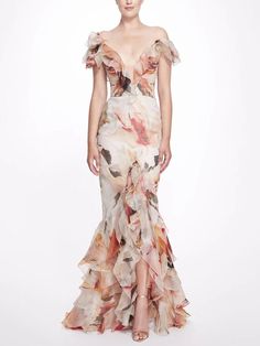 Marchesa Couture, Floral Evening Gown, Marchesa Fashion, Red Dress Outfit Night, Red Dress Outfit, Floral Gown, Silk Gown, Gowns With Sleeves, A Line Gown