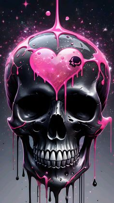 a skull with pink paint on it's face and the words love is in the air