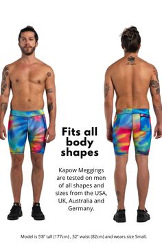 Description: Tie-Dye Men's Compression Shorts With Two Pockets Recycled Polyester / Spandex Thigh phone pocket + zipper hip pocket Moisture wicking with 4-way stretch Flatlock seams to reduce chafe Invisible soft-grips to prevent riding Adjustable drawstring Embroidered bolt logo Machine wash cold, quick drying Model is 5’8’’ tall, 32’’ waist size and wears size Small. Multicolor Moisture-wicking Short Bottoms, Multicolor Sports Shorts With Pockets, Fitted Swim Trunks With Pockets For Sports, Multicolor Compression Bottoms For Sports, Multicolor Compression Sport Bottoms, Fitted Multicolor Moisture-wicking Bottoms, Multicolor Fitted Bottoms With Moisture-wicking, Multicolor Moisture-wicking Bottoms For Training, Multicolor Training Shorts