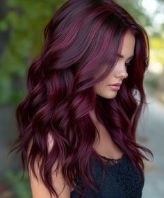 Multi Color Hair Ideas, Burgundy Hair With Highlights, Wine Red Hair Color, Hair Colors For Dark Hair, Deep Red Hair Color, Dark Burgundy Hair, Hair Burgundy, Dark Fall Hair