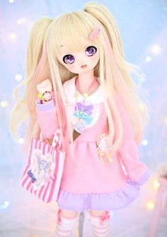 a doll with long blonde hair holding a shopping bag