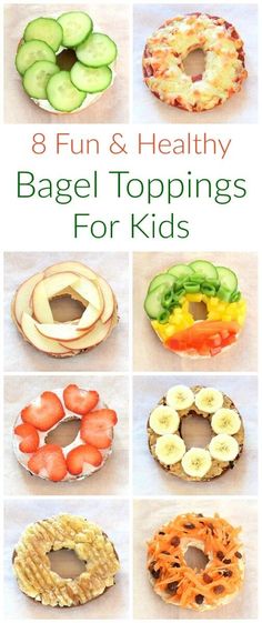 eight fun and healthy bagel toppings for kids to make with the help of their hands