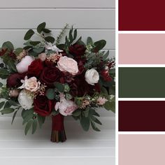 a wedding bouquet with red, pink and white flowers in it on a color palette