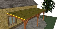 an outdoor covered patio with a tree next to it and the measurements on the roof