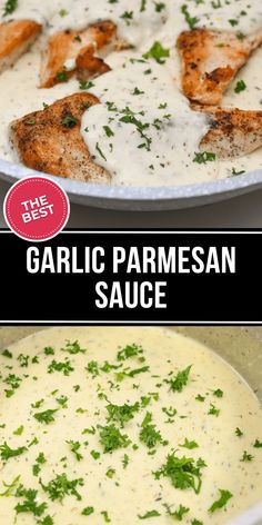 Garlic Parmesan Sauce goes great with anything and takes just a few minutes to make. Enjoy this buttery, creamy sauce on everything. Chicken Pasta Garlic Butter Sauce, Creamy Garlic Sauce For Seafood, Parmesan Cream Sauce For Fish, Keto Garlic Parmesan Sauce, Garlic Parmesan Alfredo Sauce, Simple Sauce Recipes, Homemade Parmesan Sauce, Easy Creamy Garlic Sauce, Easy Garlic Parmesan Sauce