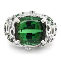 Tourmaline is known to symbolize friendship and wealth, and this 8.21 carat well crafted gemstone embodies just that. Cut as a cushion, the gemstones grandeur is brought to life. Perfectly matched diamonds and green tourmalines that compliment the gemstone and extend onto the band, this ring is the perfect combination for the modern woman. Green Tourmaline Ring, Jewelry Diamonds, White Diamond Ring, Gold Cocktail Ring, Diamond Cocktail Rings, 14k White Gold Ring, White Gold Ring, Color Ring, Green Tourmaline