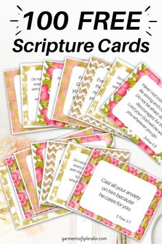 printable cards with the words, 100 free scripture cards on them and flowers