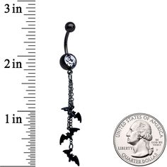 Clear Gem Black Gone Batty Halloween Dangle Belly Ring You'll be all dressed up and ready for Halloween when you wear this 14 gauge navel ring! It's made with a 3/8" black plated over 316L surgical grade stainless steel curved barbell with a 5mm top ball end. The bottom ball end is 8mm and set with a clear gem. Dangling beneath it is a series of chain dangles with bat charms for scary fun!Specifications14 Gauge (1.6mm), 3/8" (10mm), Black Plated over 316L Surgical Grade Stainless Steel Curved Ba Spooky Adjustable Black Jewelry, Adjustable Black Spooky Jewelry, Adjustable Black Gothic Body Jewelry, Adjustable Black Body Jewelry, Black Internally Threaded Belly Ring, Black Metal Dangle Body Jewelry, Gothic Black Dangle Body Jewelry, Spooky Black Nickel-free Jewelry, Adjustable Black Nickel-free Body Jewelry