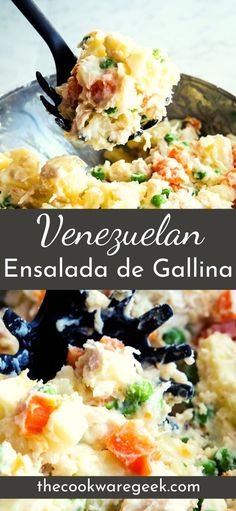 a close up of food in a pan on a table with text overlay that reads venezuelan ensalada de galaina