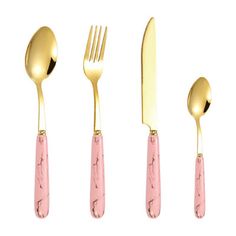 pink and gold utensils are lined up on a white background