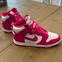 The Women's Nike Dunk High Pink Prime (W) Features A Smooth White Leather Upper With Pink Prime Overlays Brand New Pink Nike Sneakers Outfit, Custom Nike Synthetic Sneakers, Sporty High-top Custom Sneakers, Nike Dunks High, Nike Shoes High Tops, Nike Sneakers Outfit, Pink Nikes, Nike Dunk High, Sneakers Outfit