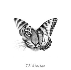 a black and white drawing of a tiger's face with a butterfly on it