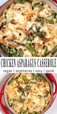 chicken asparagus casserole in a red pan with the title above it