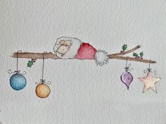 a watercolor drawing of a mouse on a tree branch with ornaments hanging from it