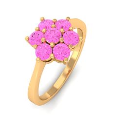 Product Details This classic flower ring is simple yet elegant, with a round pink sapphire beautifully studded in a cluster prong setting. The stunning floral design enhances the rings beauty and is crafted from solid gold. Product Information SKU SHP-RINGS0821190477 Width 11.8 mm Height 4.5 mm Weight 3.20 gm (Approximate) PINK SAPPHIRE INFORMATION No.of Stones 7 Pieces Total Weight 0.91 Carat (Approximate) Dimension(approx) Round-3X3 mm-7 Pcs Color Pink Cut Brilliant Shape Round Setting Type Pr Pink Formal Cluster Ring With Prong Setting, Pink Round Cluster Ring With Prong Setting, Classic Pink Cluster Ring With Prong Setting, Formal Pink Flower Shaped Ring, Pink Cluster Ring For Gifts, Pink Flower-shaped Rings For Anniversary, Pink Cluster Ring With Prong Setting, Pink Cluster Diamond Ring With Prong Setting, Classic Flower